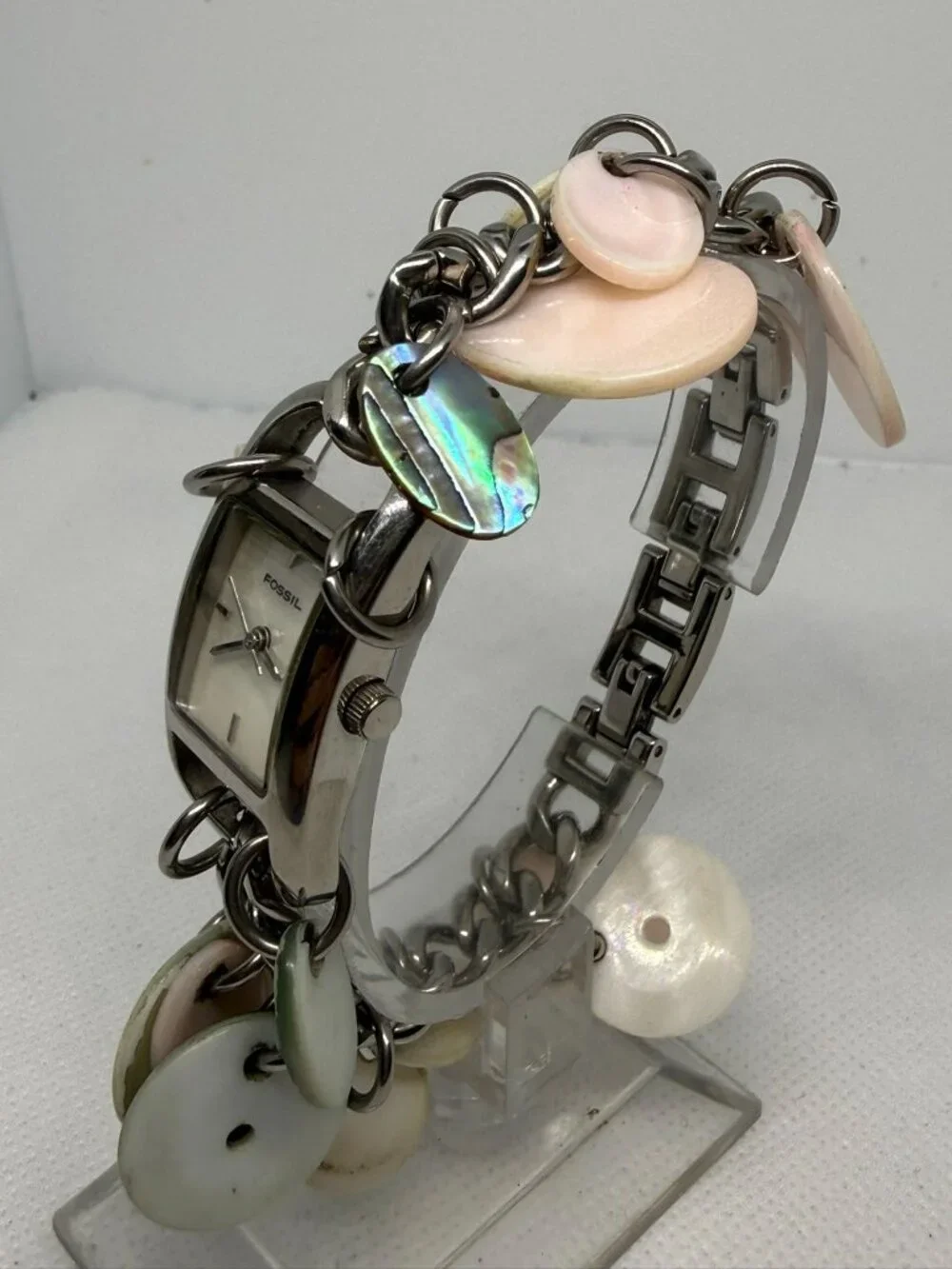 Fossil F2 Women's Charm Bracelet Watch Stainless Steel Mother of Pearl Dial FS-1